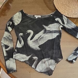 Urban Outfitters Black and White Swan Long Sleeve Sheer Top